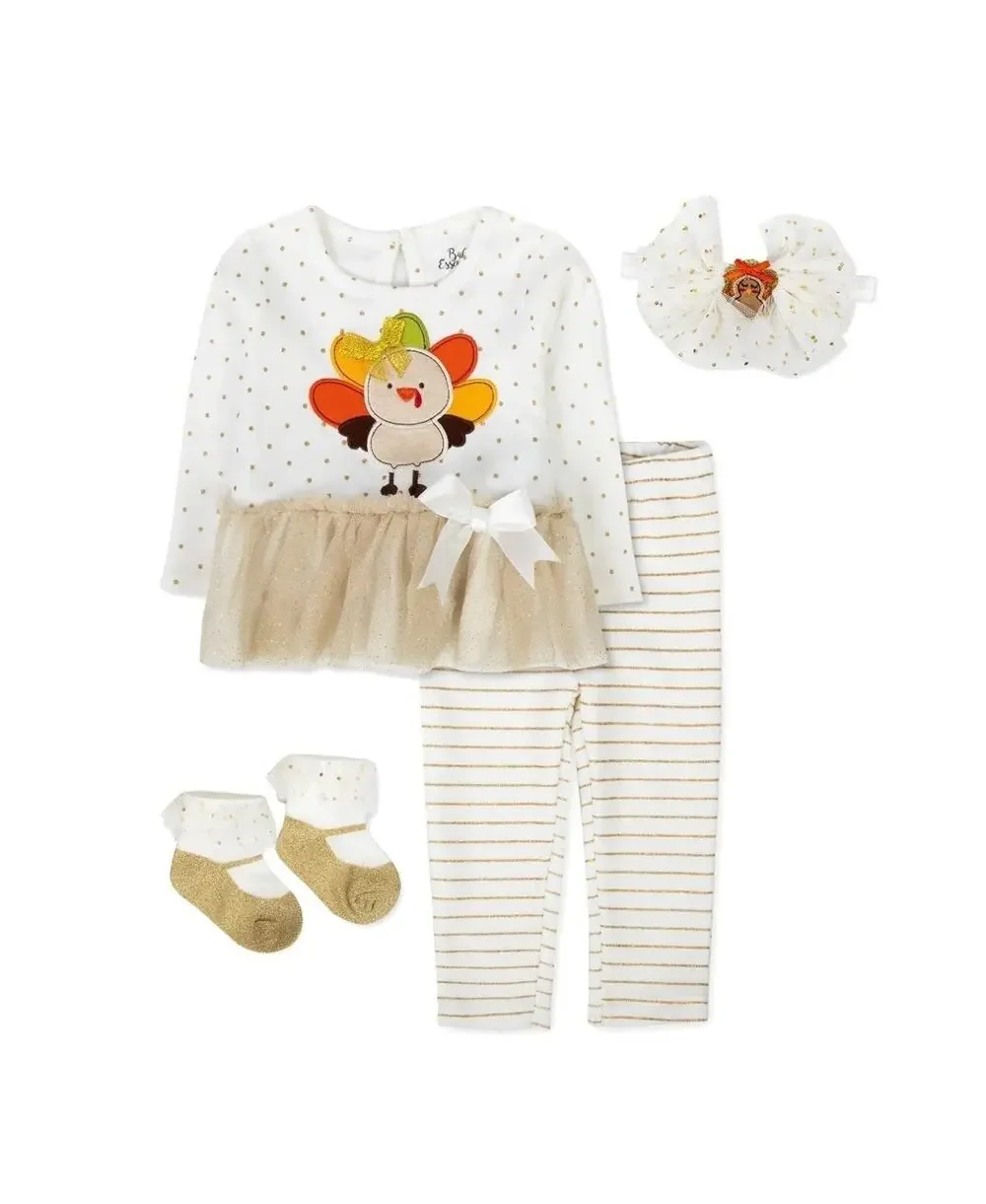 Baby Essentials Thanksgiving Fall Outfit Top Skirt Leggings 4 Piece Set Size 3 M